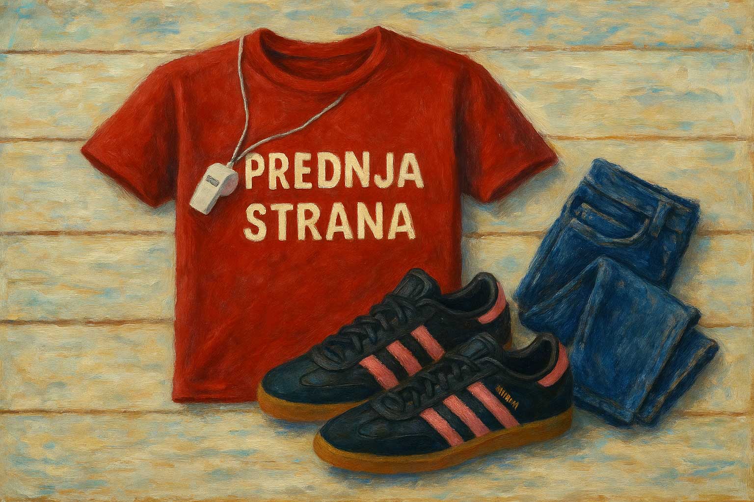 Crvena majice s natpisom 'PREDNJA STRANA', plavim trapericama, crno-roza Adidas tenisicama i bijelom zviždaljkom na drvenoj podlozi.