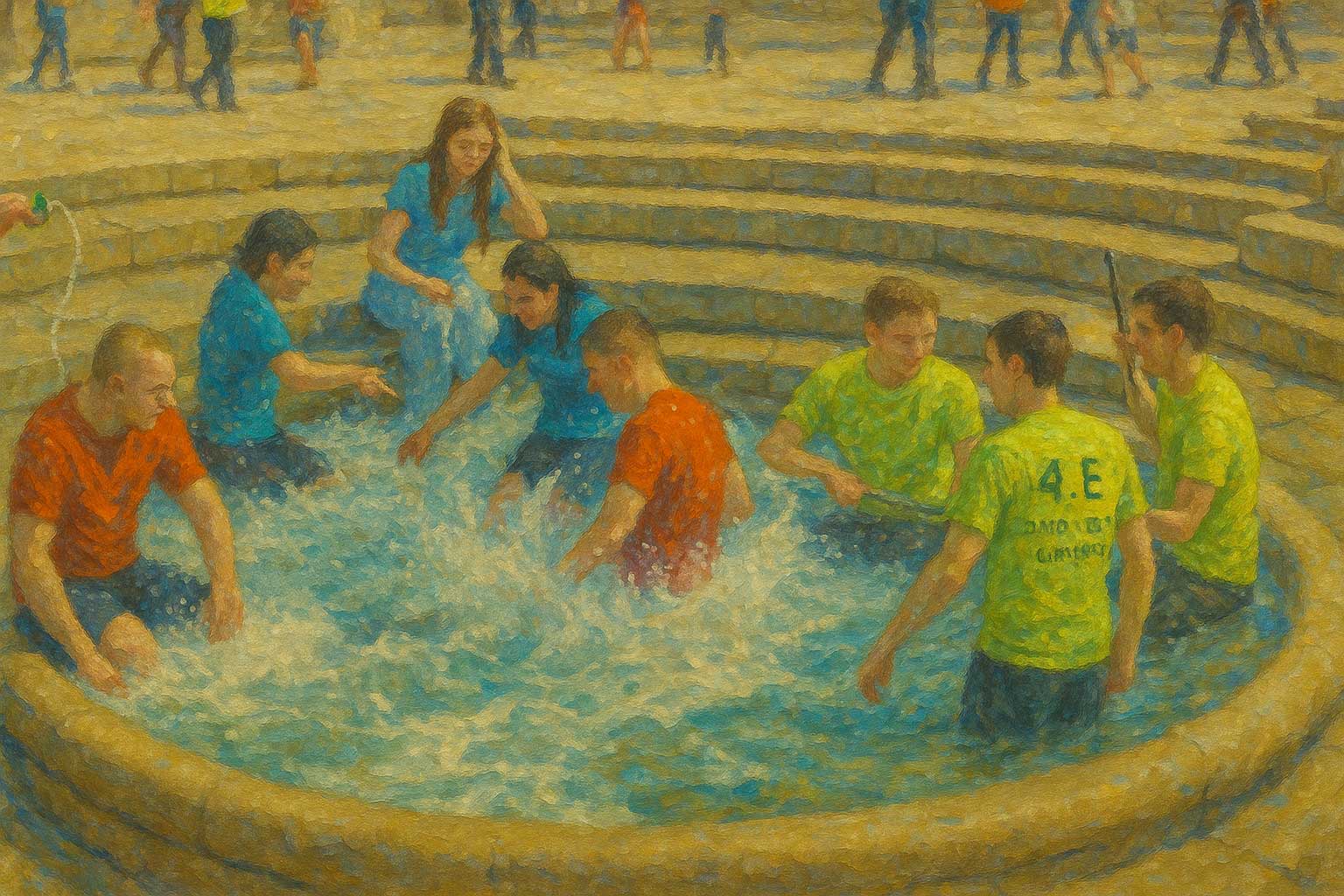 Maturanti u majicama različitih boja vesele se i prskaju vodom tijekom norijade u Zagrebu.